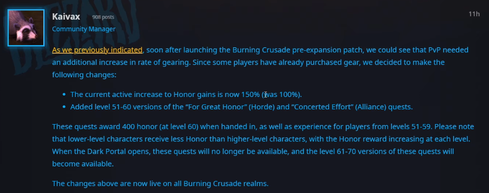 TBC Pre-Patch Honor Gains changes